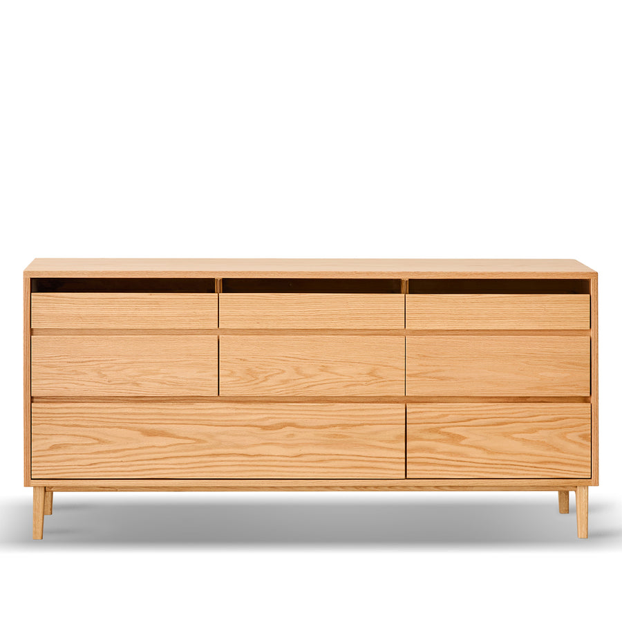Scandinavian oak wood chest of 8 drawers floating light in white background.