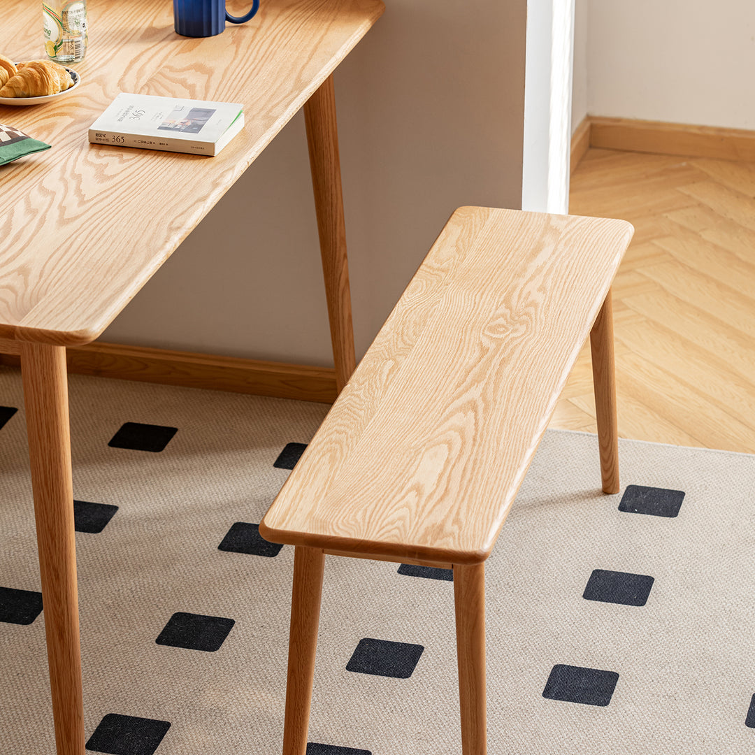 Scandinavian oak wood dining bench green in real life style.