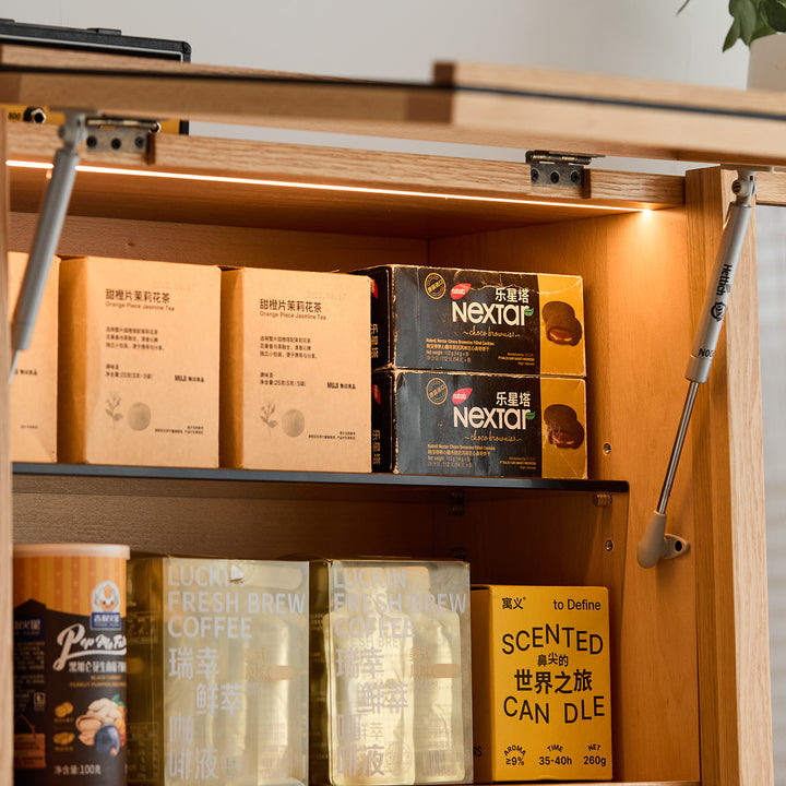 Scandinavian oak wood side cabinet lumen color swatches.