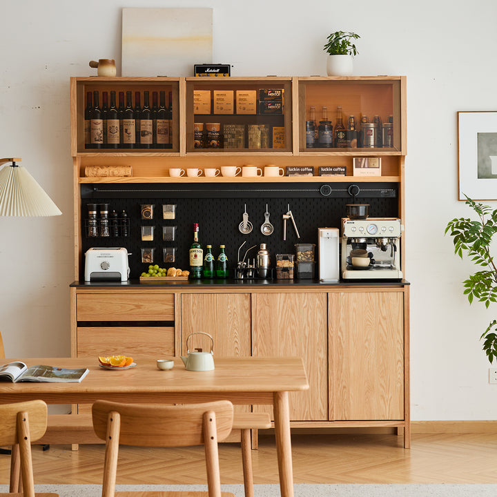 Scandinavian oak wood side cabinet lumen in close up details.