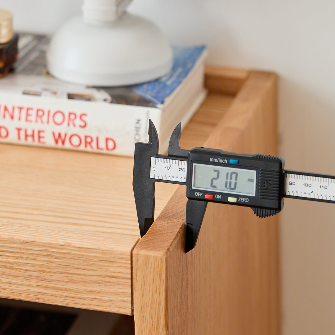 Scandinavian oak wood side table sugar with context.