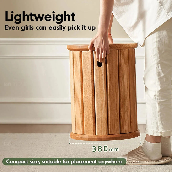 Scandinavian oak wood stackable stool harvest in panoramic view.