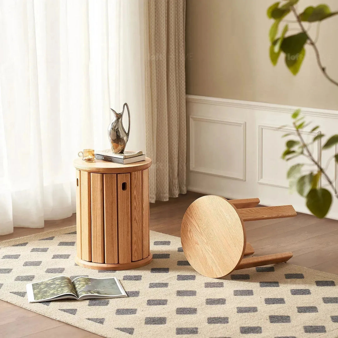 Scandinavian oak wood stackable stool harvest layered structure.