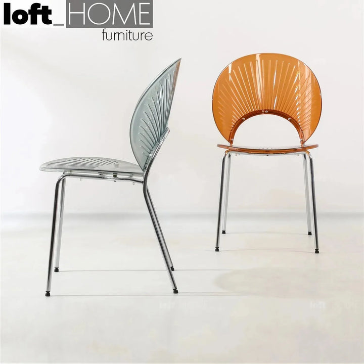 Contemporary plastic dining chair apollo clear in panoramic view.