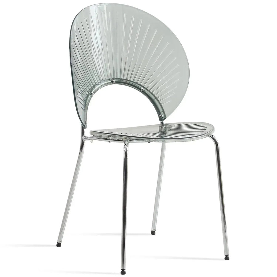 Contemporary plastic dining chair apollo clear in white background.