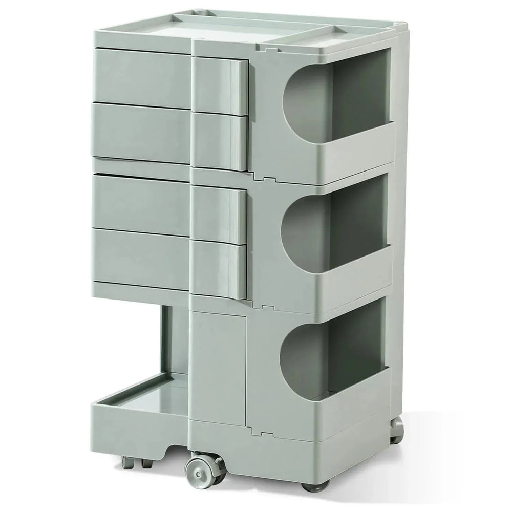 Contemporary plastic wheeled trolley side table boby large in white background.