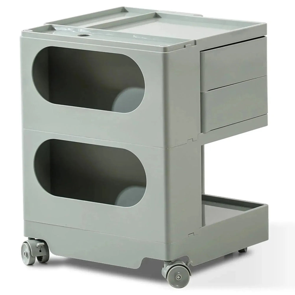 Contemporary plastic wheeled trolley side table boby small in white background.