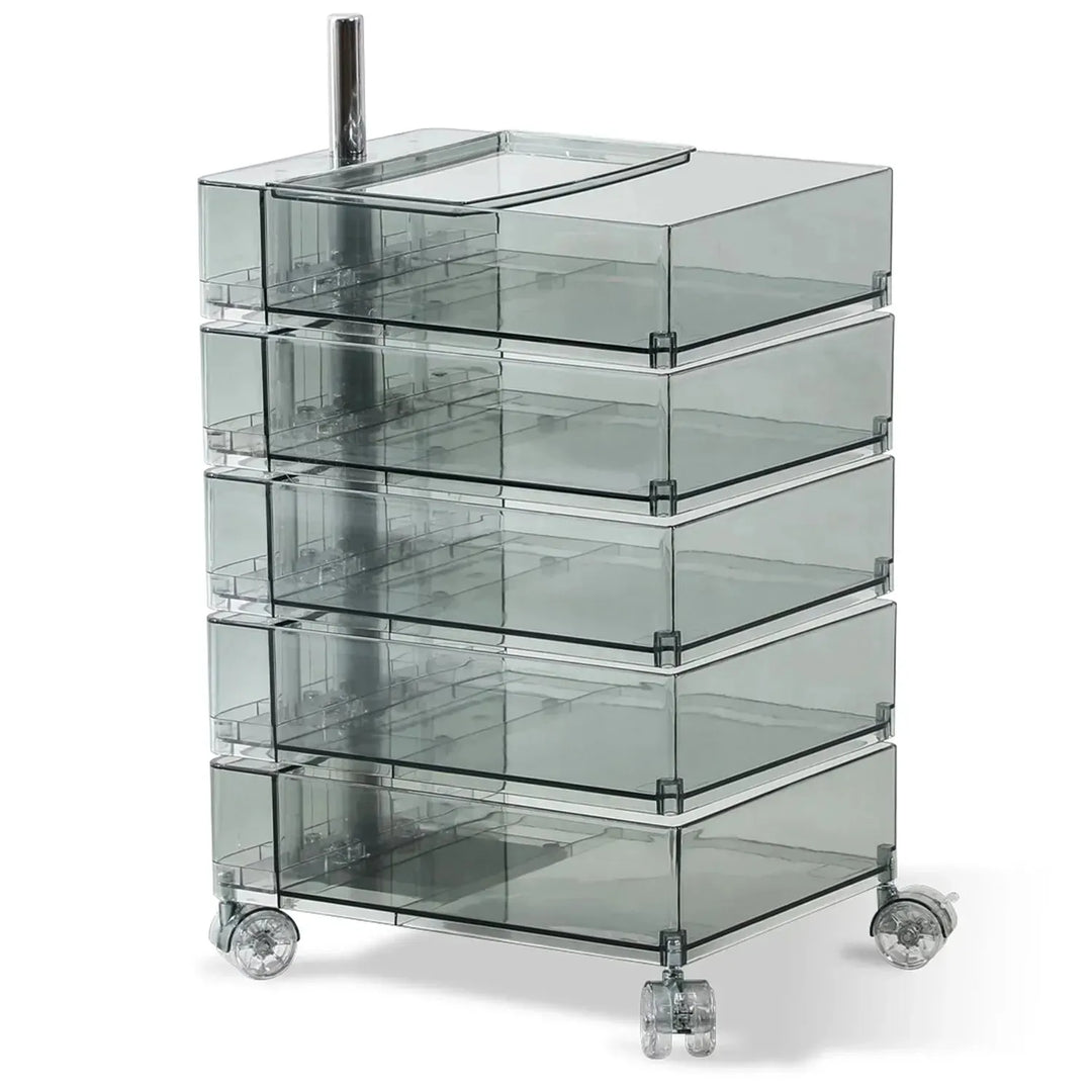 Contemporary plastic wheeled trolley side table rolly clear in white background.