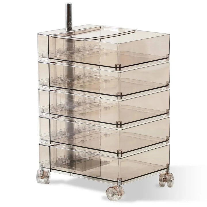 Contemporary plastic wheeled trolley side table rolly clear in still life.