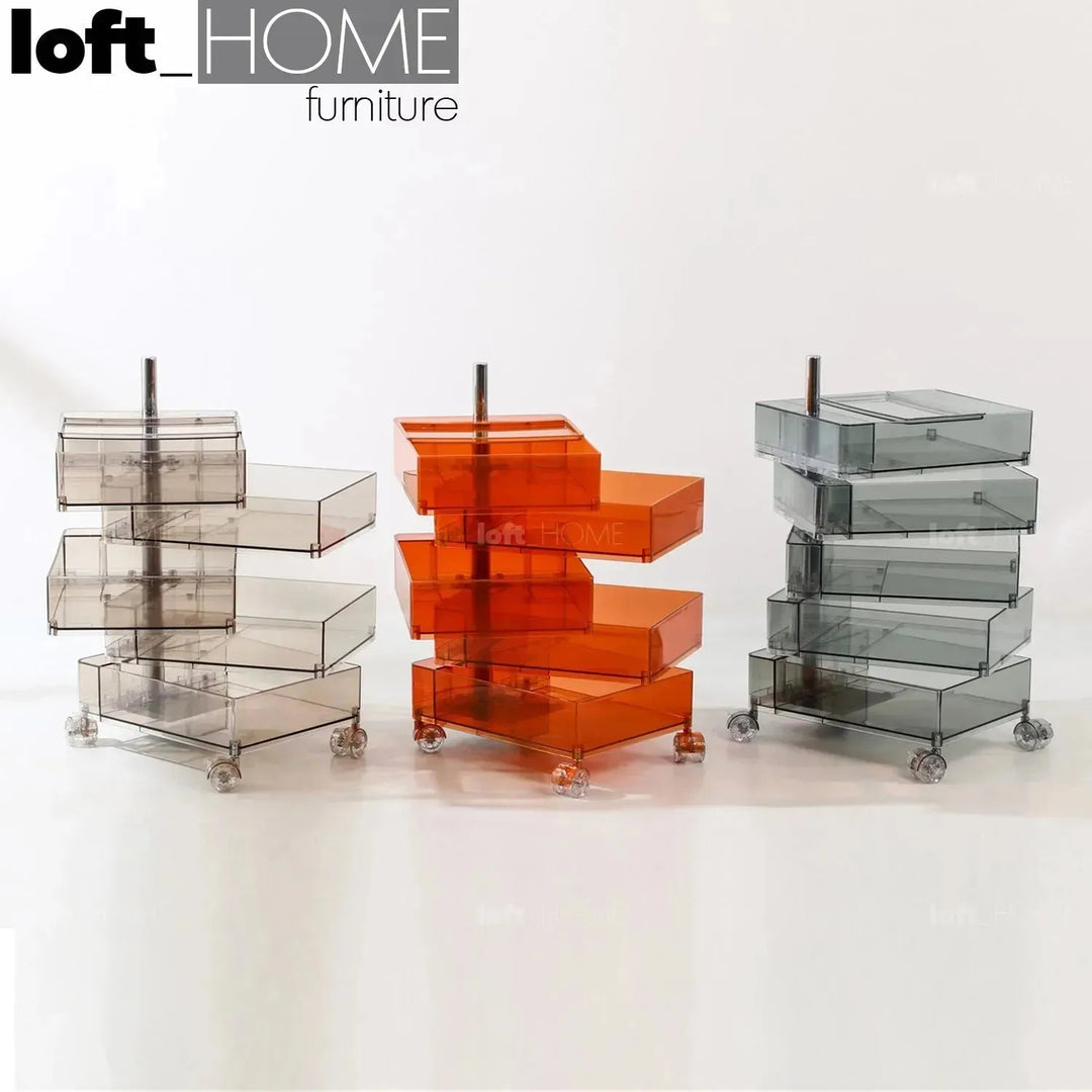 Contemporary plastic wheeled trolley side table rolly clear with context.