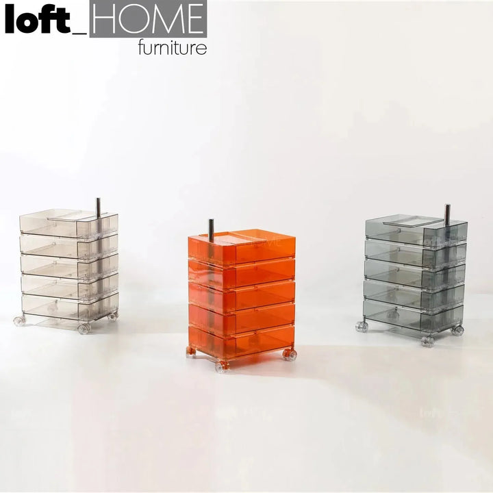 Contemporary plastic wheeled trolley side table rolly clear in close up details.