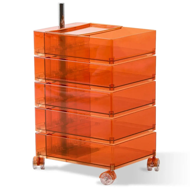 Contemporary plastic wheeled trolley side table rolly clear in panoramic view.