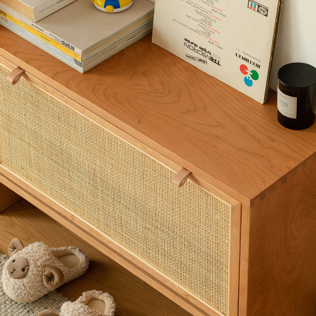 Scandinavian rattan shoe cabinet kangaroo with context.