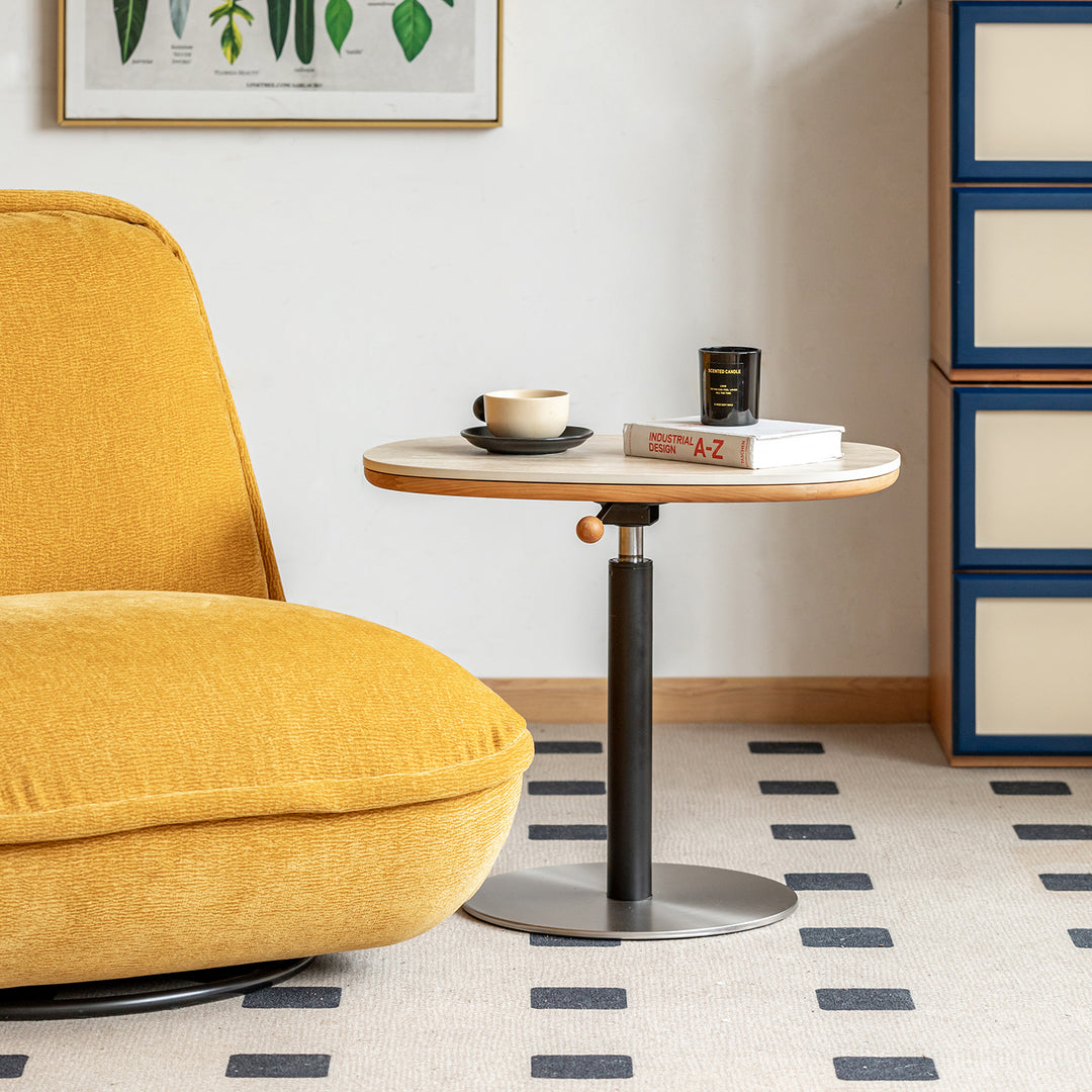 Scandinavian sintered stone height adjustable side table roman with context.