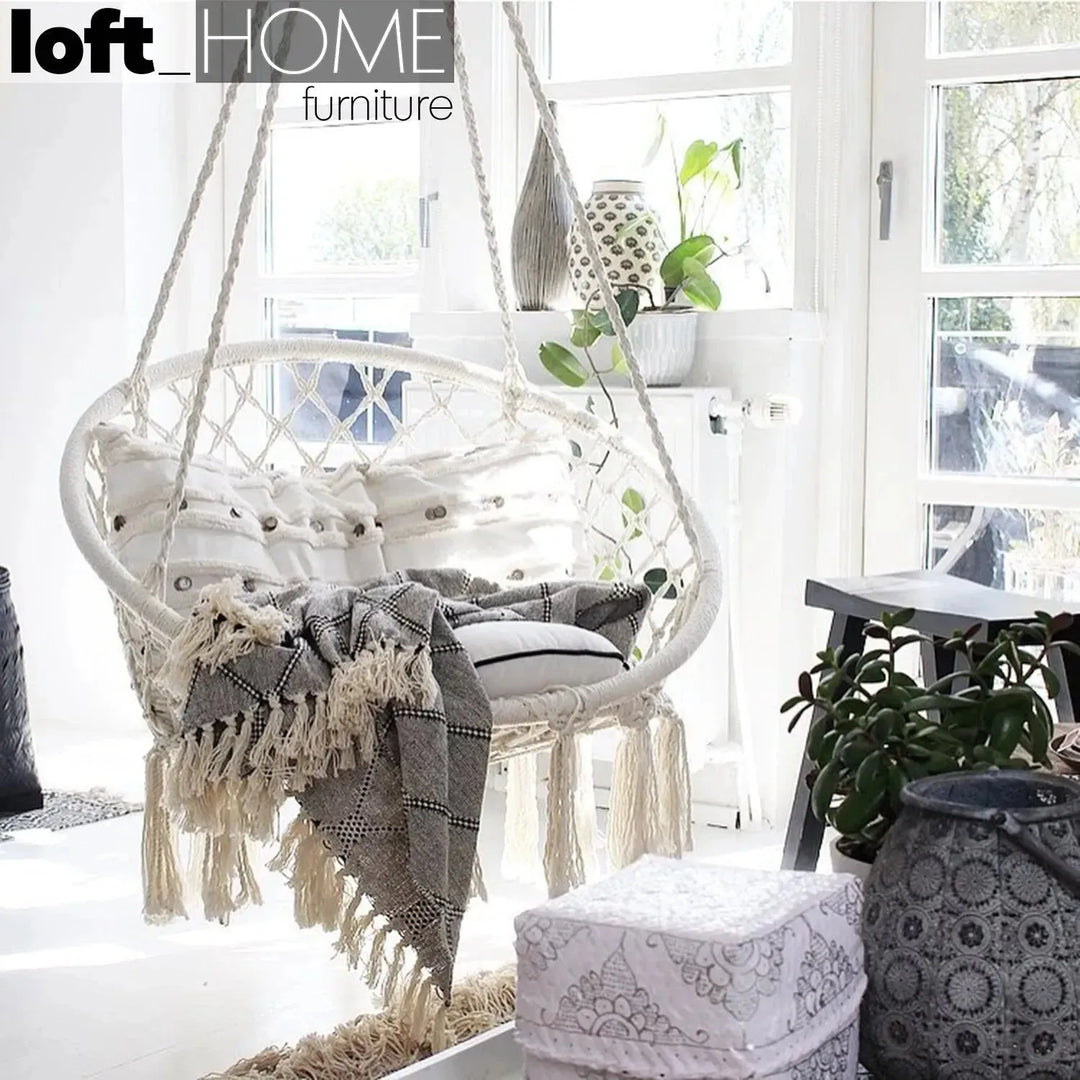 Scandinavian woven rope hanging chair 1 seater sofa net in details.