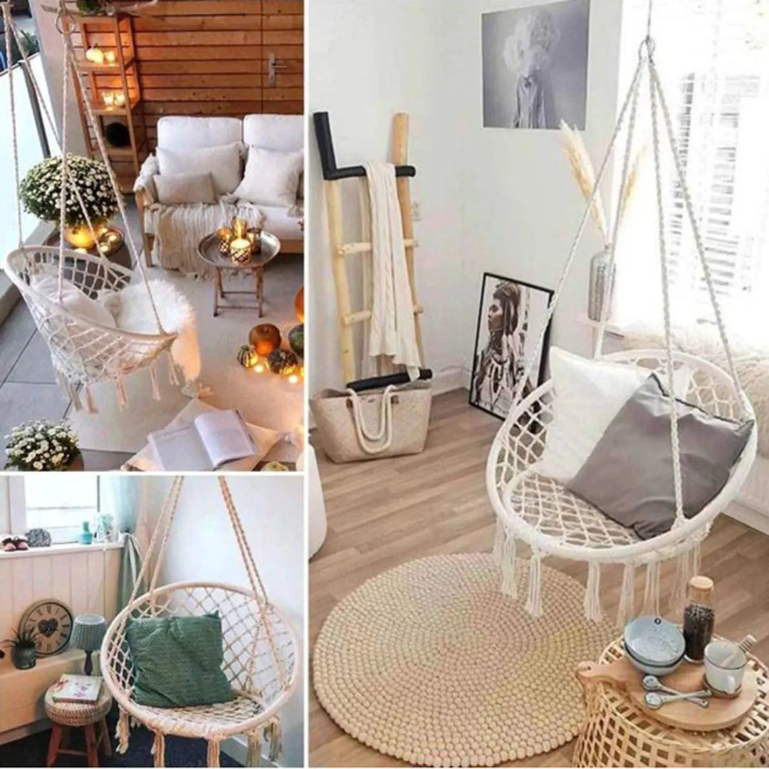 Scandinavian woven rope hanging chair 1 seater sofa net with context.