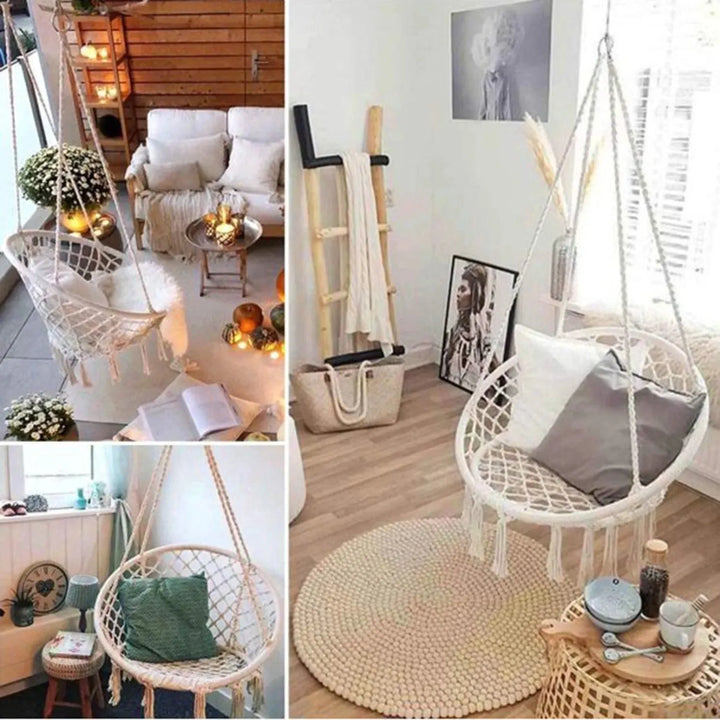 Scandinavian woven rope hanging chair 1 seater sofa net with context.