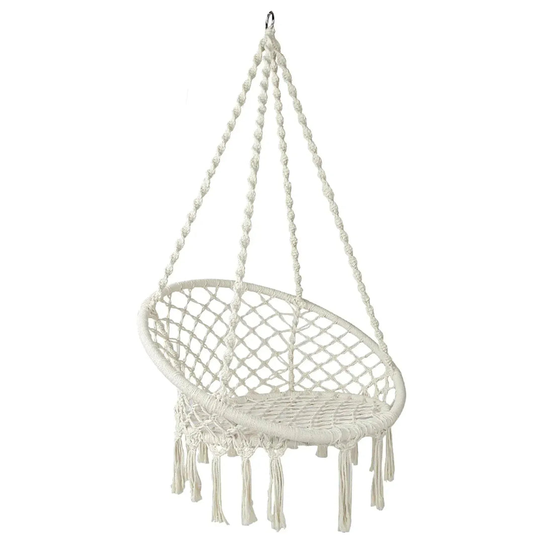 Scandinavian woven rope hanging chair 1 seater sofa net in white background.