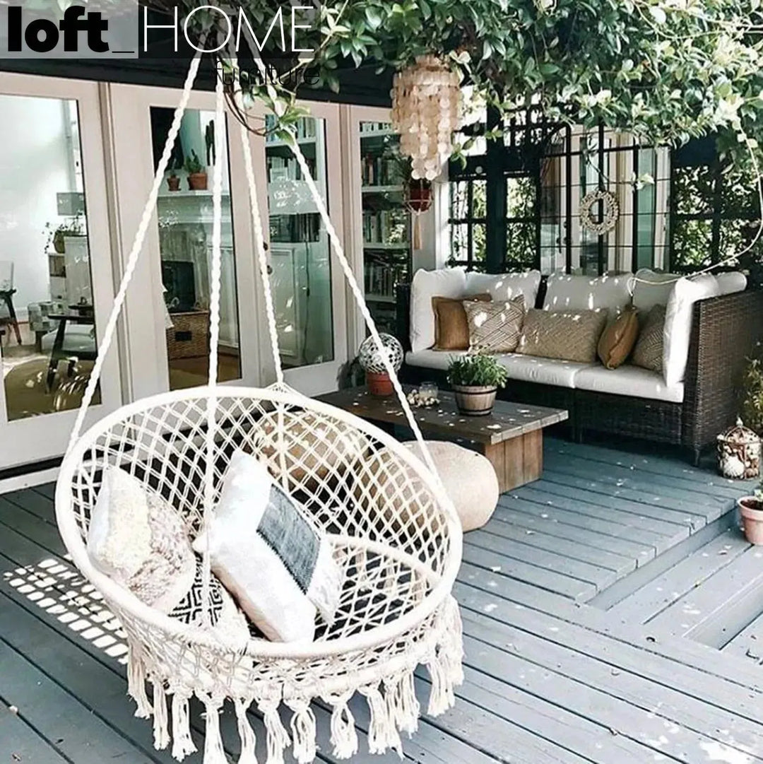 Scandinavian woven rope hanging chair 1 seater sofa net layered structure.