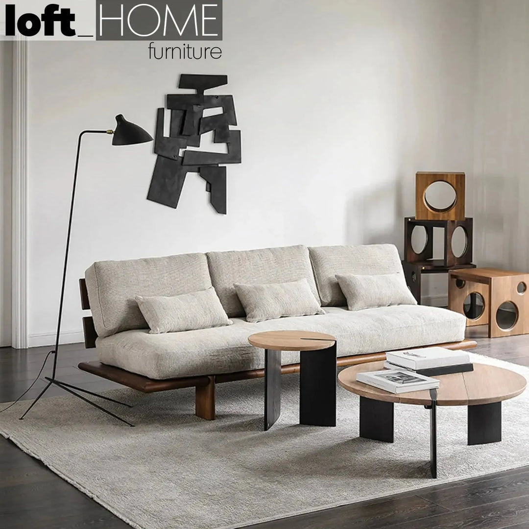 Japandi wood coffee table shona in panoramic view.