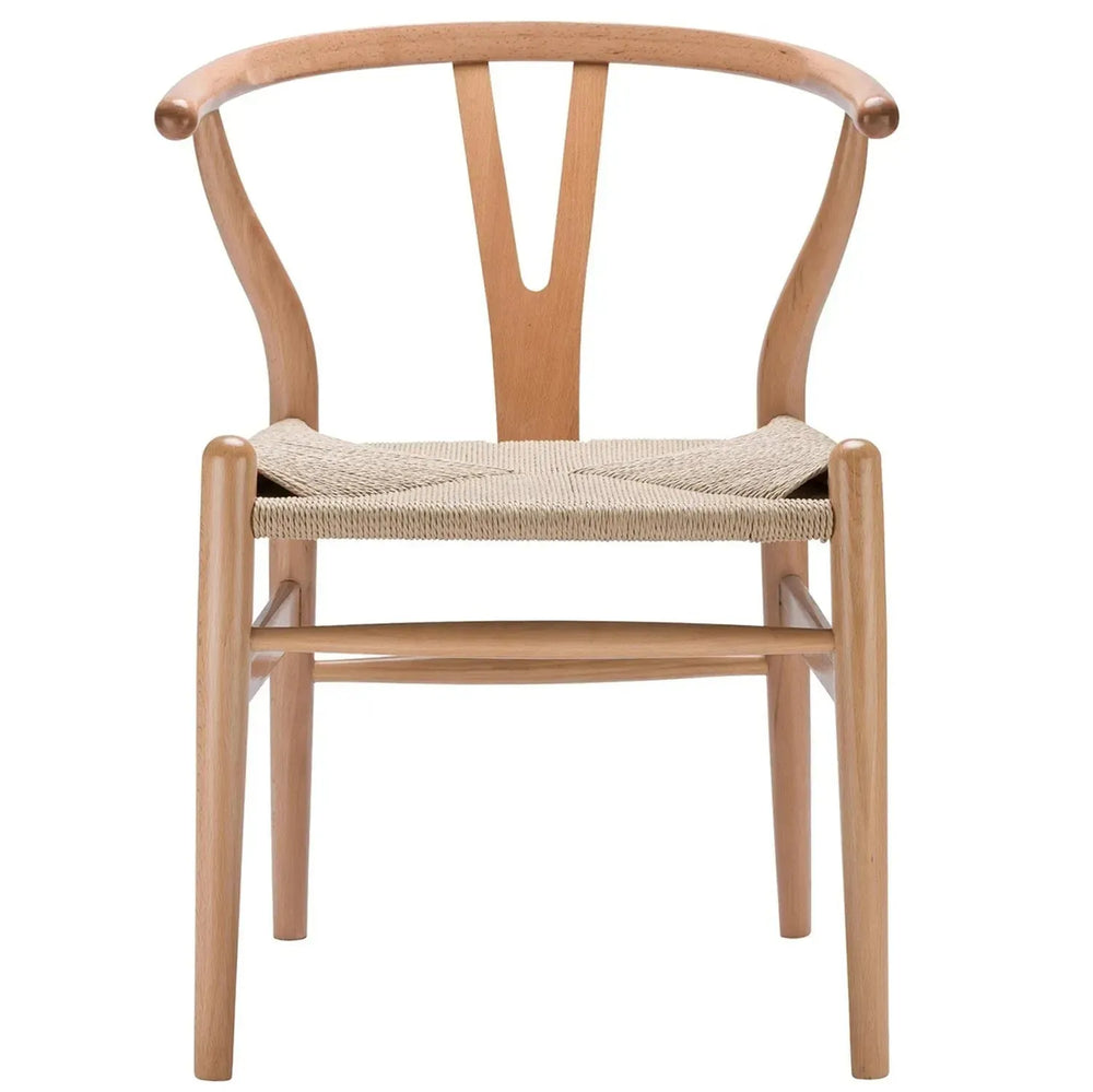 Scandinavian wood woven rope dining chair cherry y in white background.