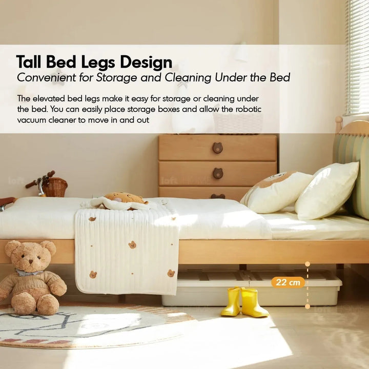 Scandinavian wood kids bed mallow in panoramic view.