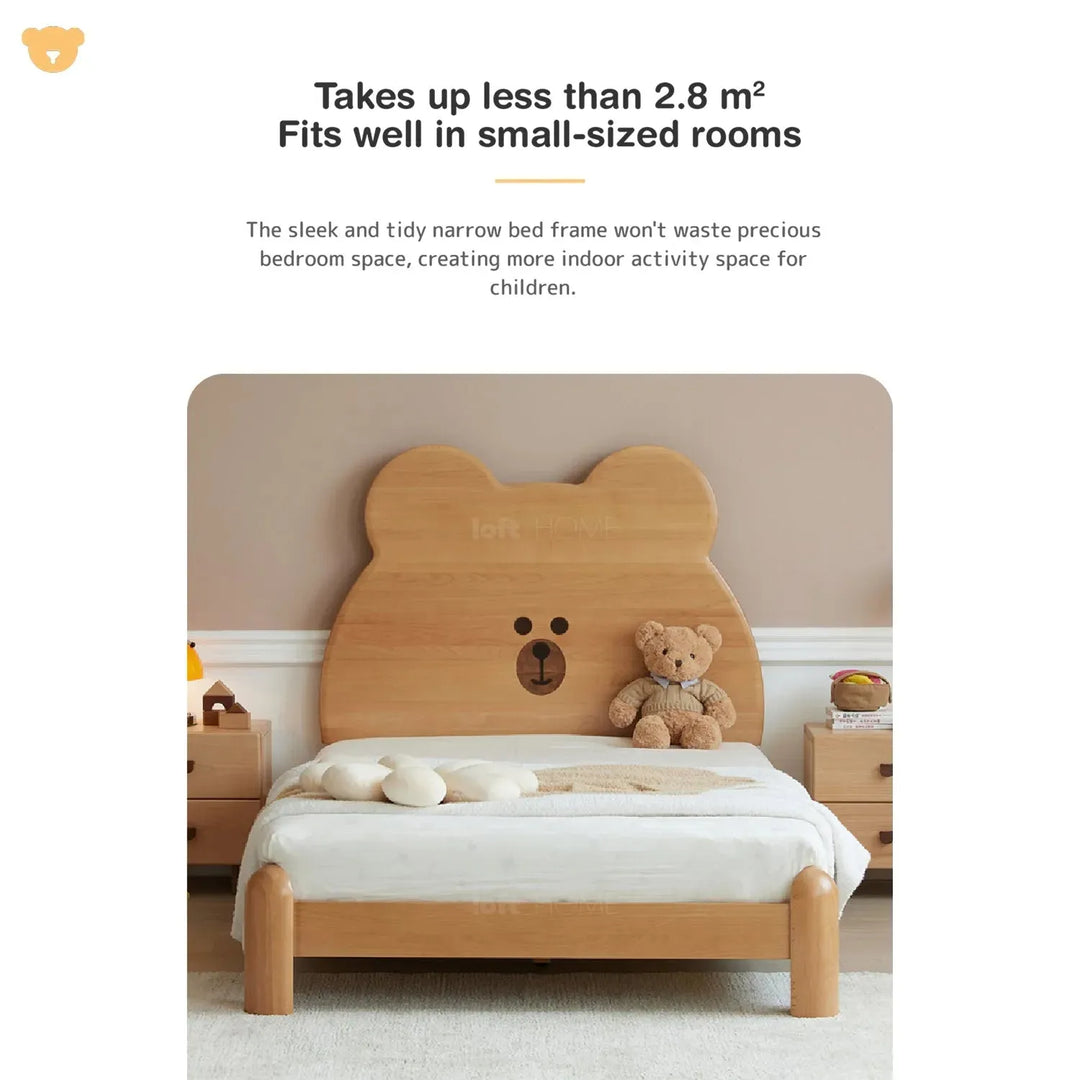 Scandinavian wood kids bed teddy in close up details.