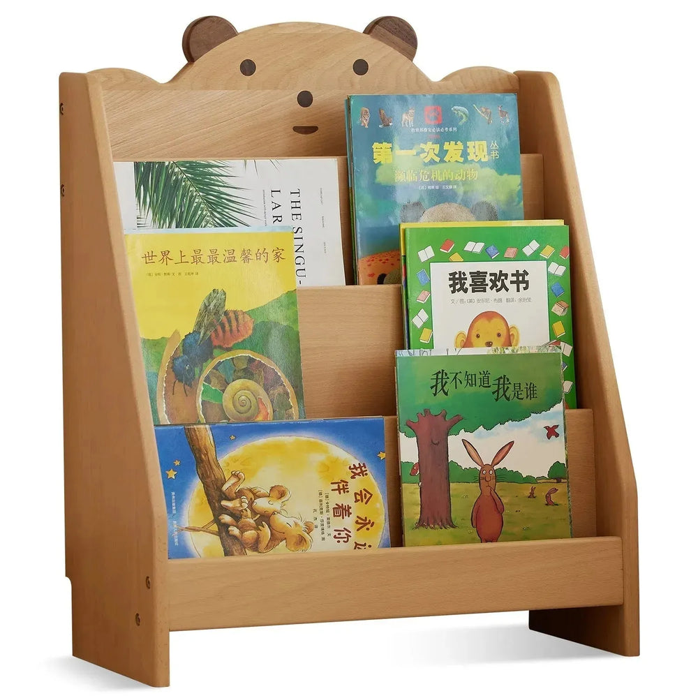 Scandinavian wood kids bookshelf 4 layers bear in white background.