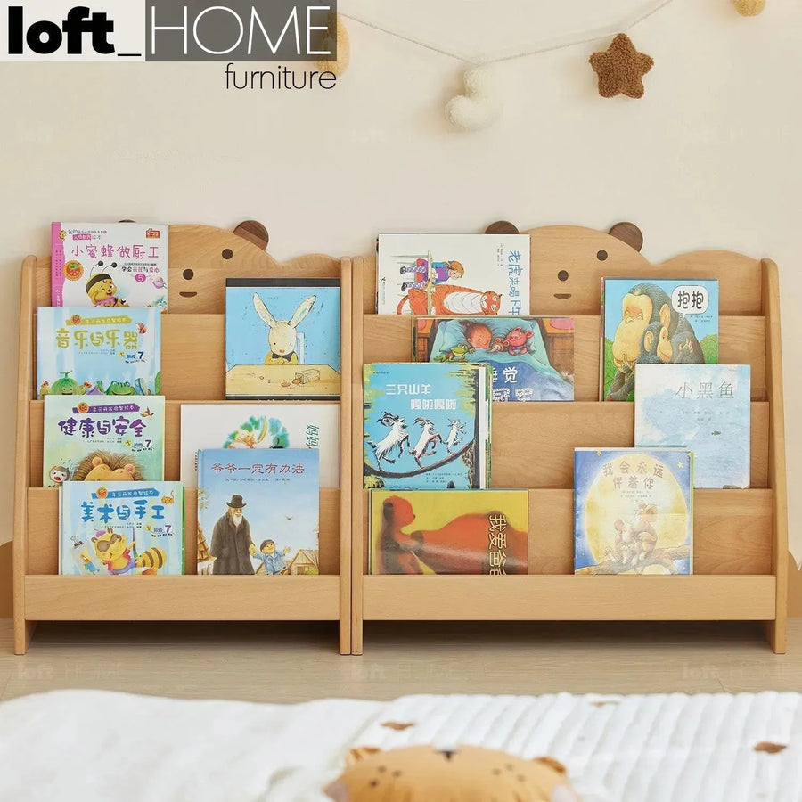Scandinavian wood kids bookshelf 4 layers bear primary product view.