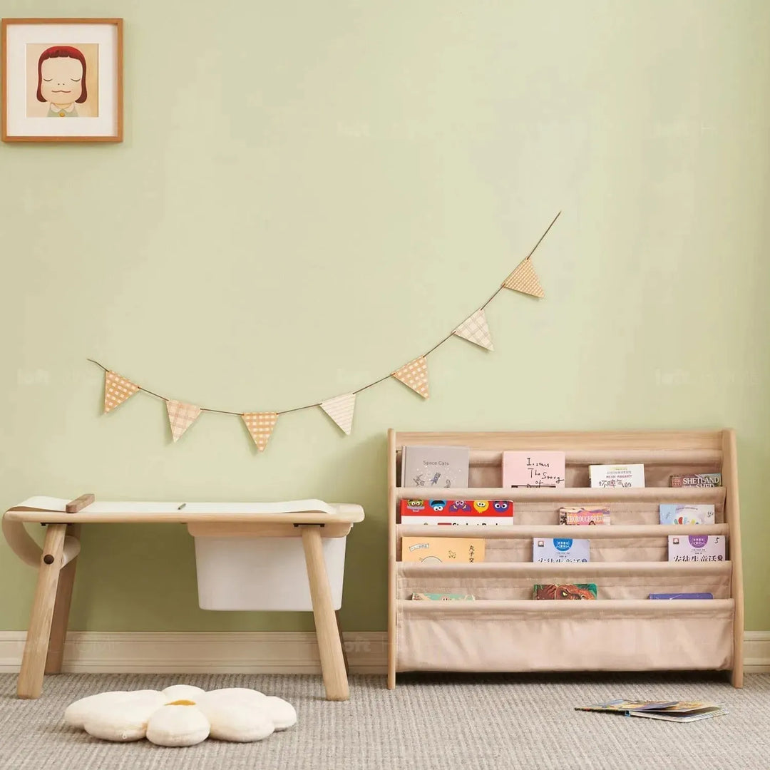 Scandinavian wood kids bookshelf 4 layers charm layered structure.