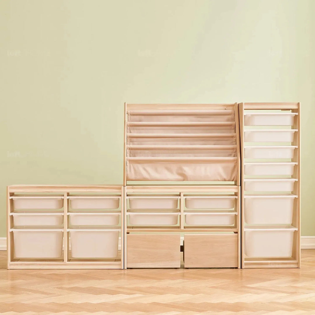 Scandinavian wood kids bookshelf 4 layers charm in panoramic view.