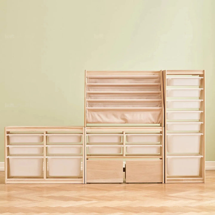 Scandinavian wood kids bookshelf 4 layers charm in panoramic view.