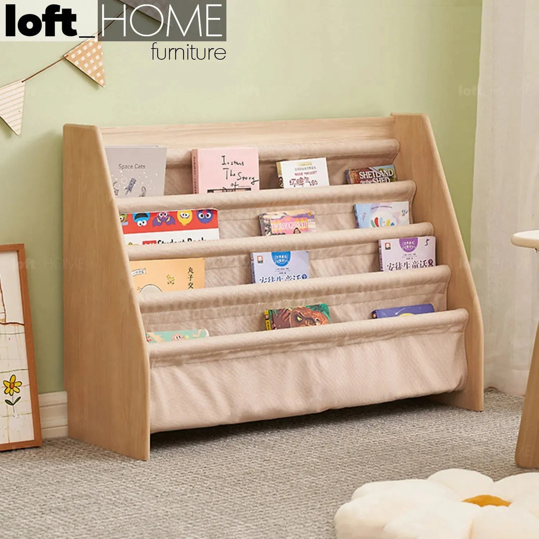 Scandinavian wood kids bookshelf 4 layers charm primary product view.