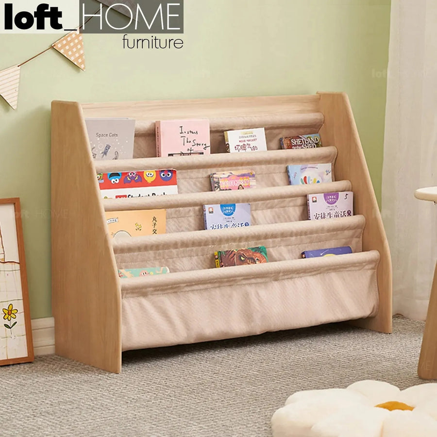 Scandinavian wood kids bookshelf 4 layers charm primary product view.