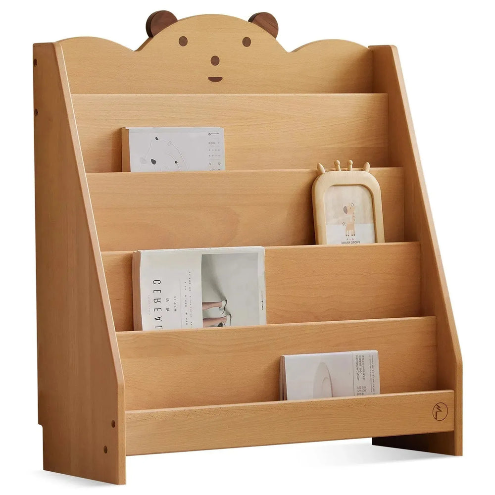Scandinavian wood kids bookshelf 5 layers bear in white background.