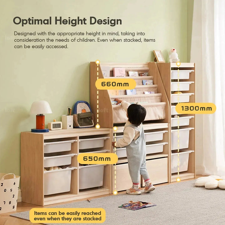 Scandinavian wood kids drawer cabinet whimsi in panoramic view.