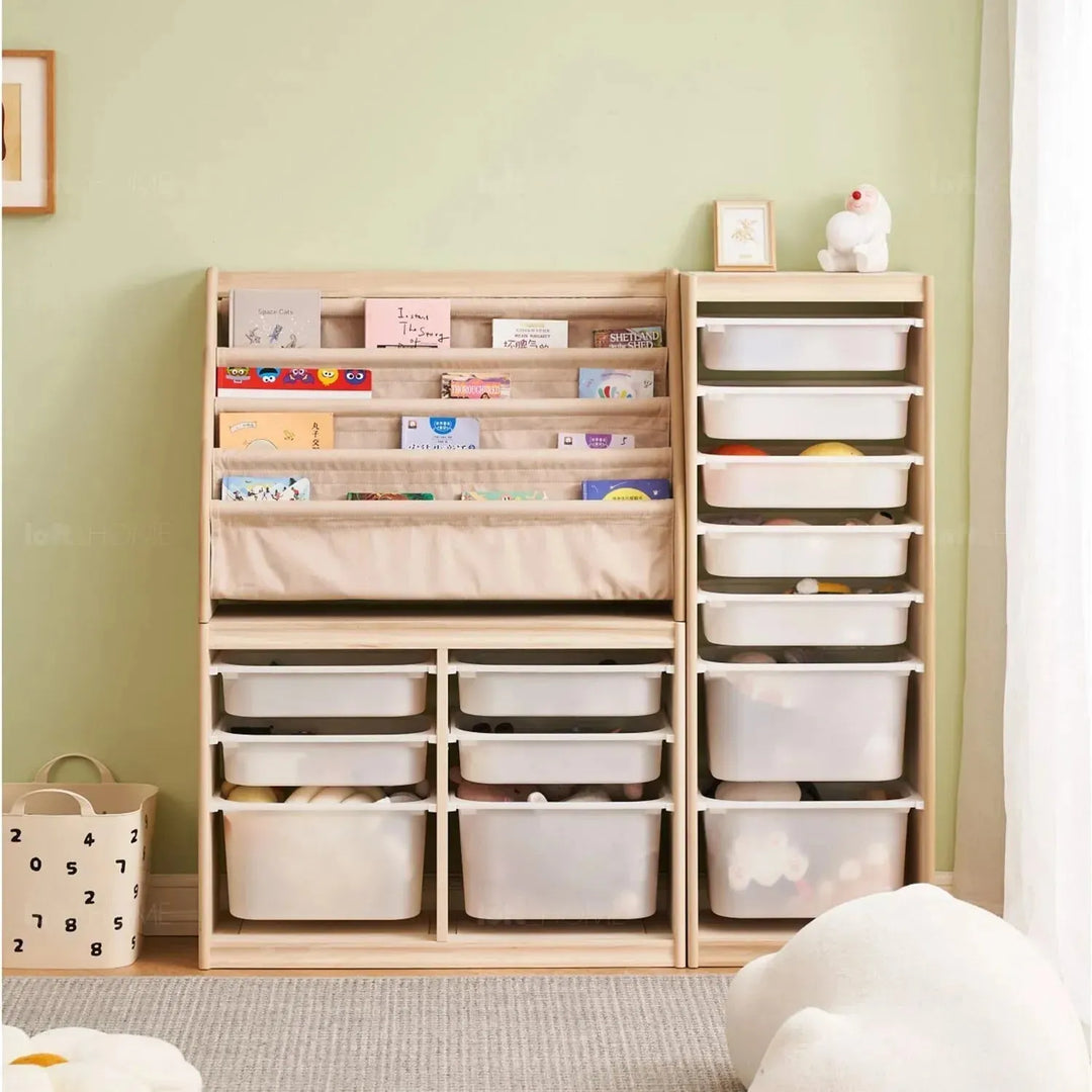 Scandinavian wood kids drawer cabinet whimsi layered structure.