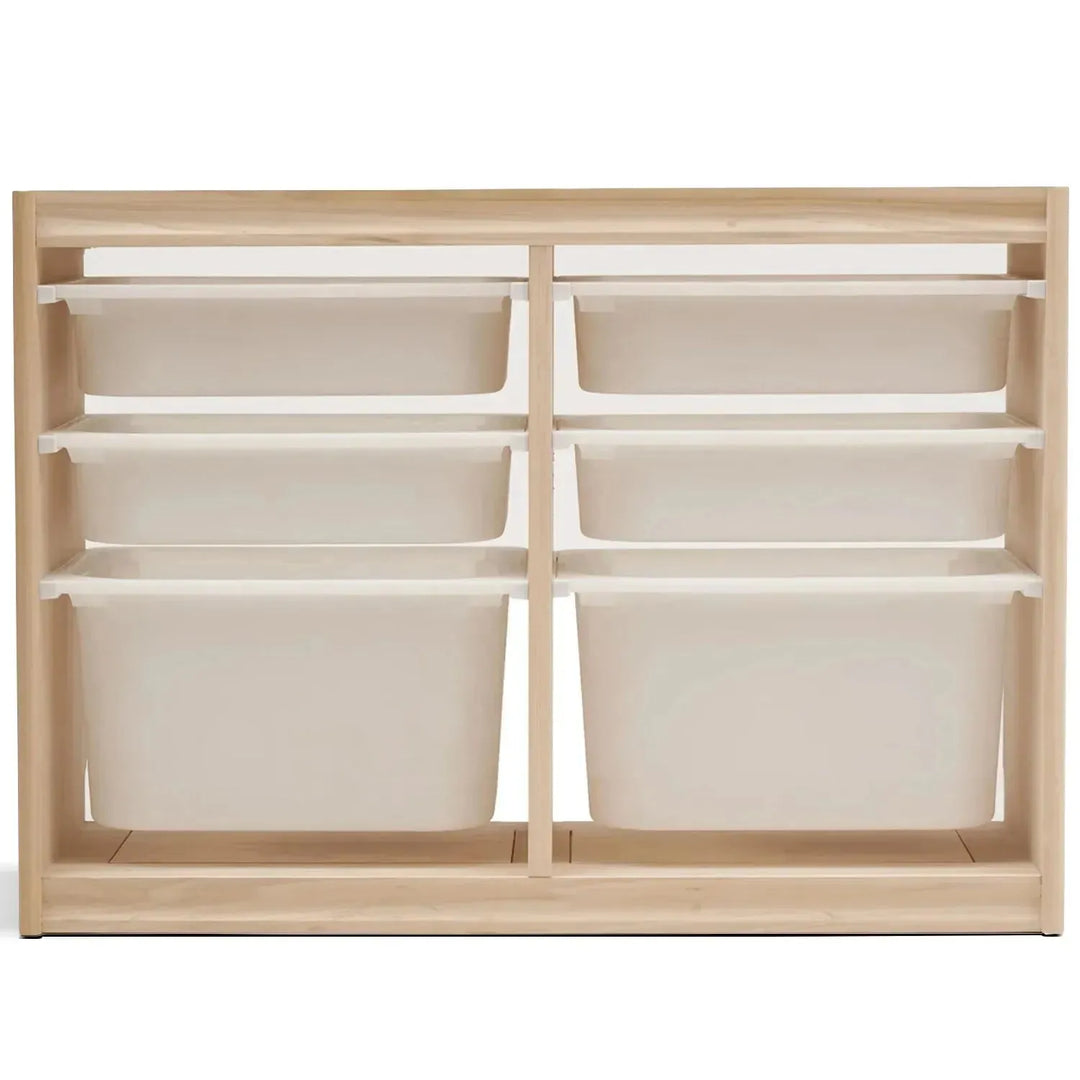 Scandinavian wood kids drawer cabinet whimsi in white background.