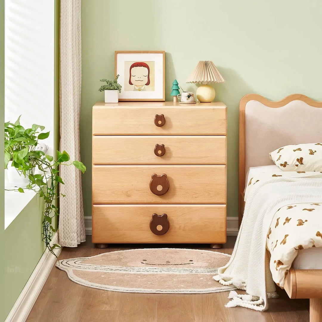Scandinavian wood kids drawer cabinet teddy in real life style.