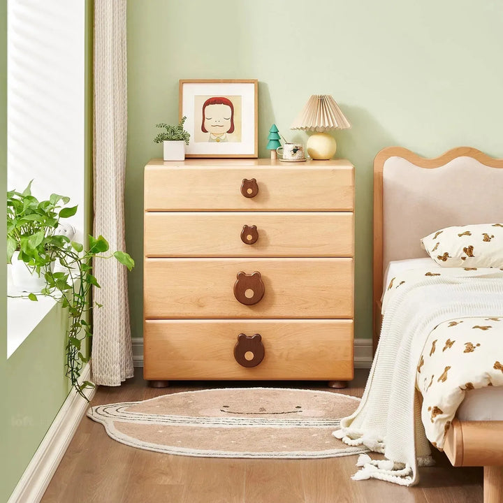 Scandinavian wood kids drawer cabinet teddy in real life style.