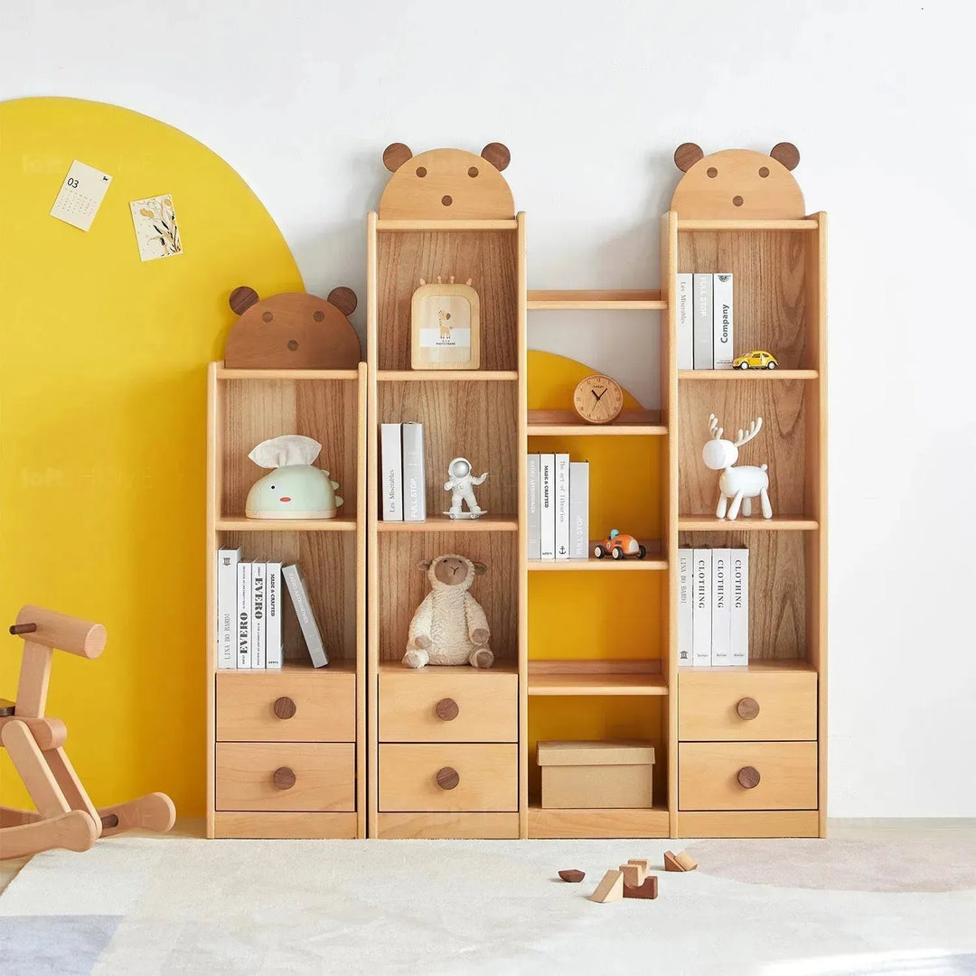 Scandinavian wood kids bookshelf bear with context.