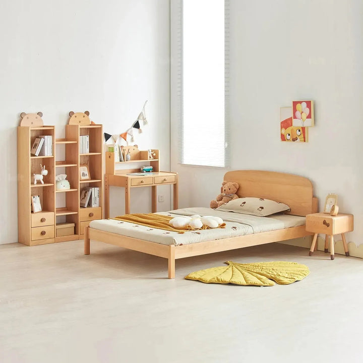 Scandinavian wood kids bookshelf bear in close up details.