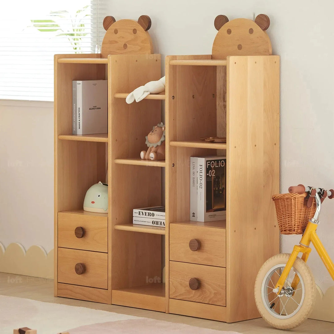 Scandinavian wood kids bookshelf bear in real life style.