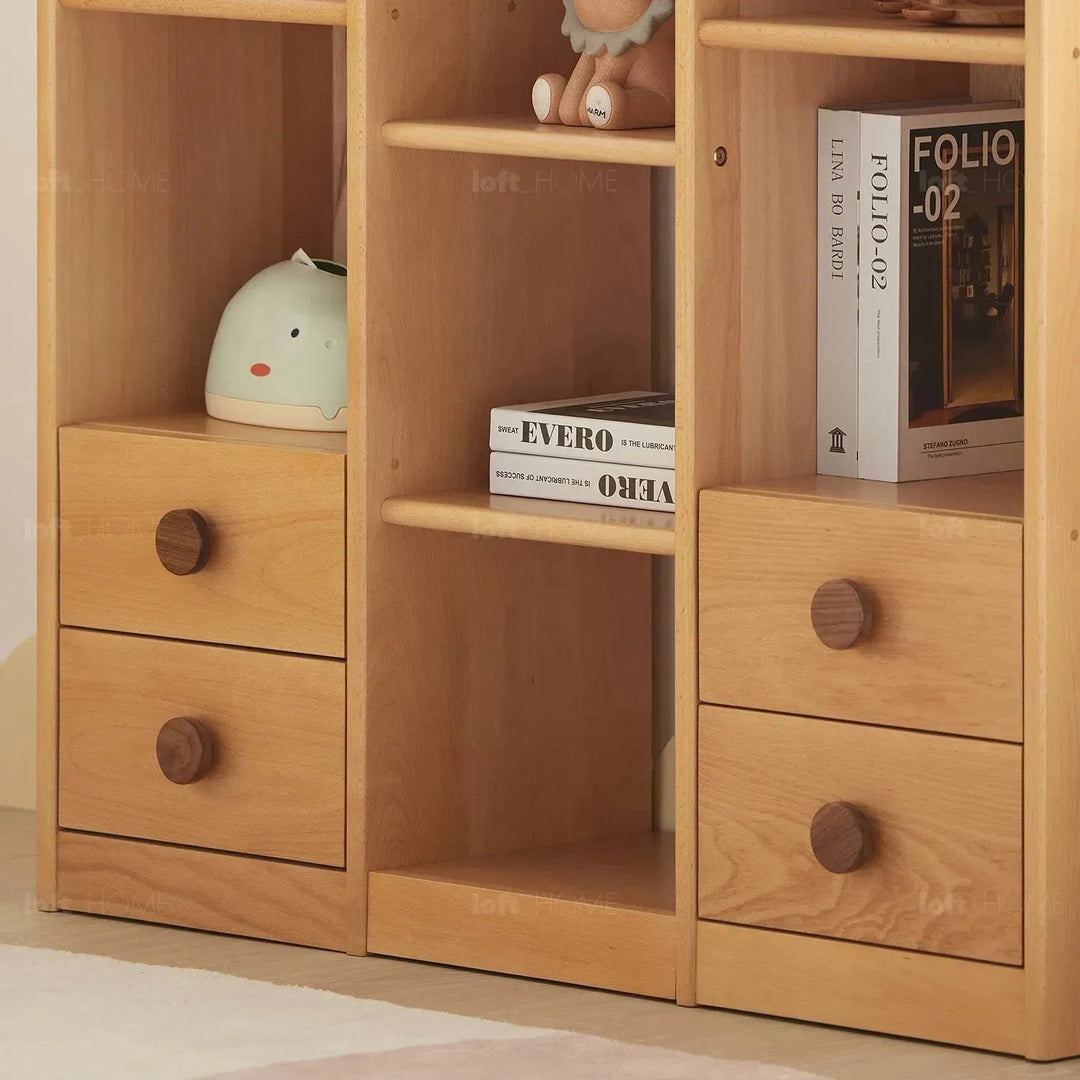 Scandinavian wood kids bookshelf bear environmental situation.