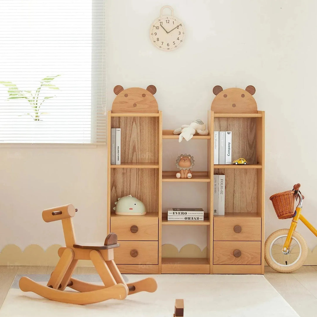 Scandinavian wood kids bookshelf bear material variants.