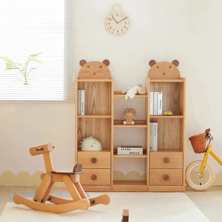 Scandinavian wood kids bookshelf bear material variants.
