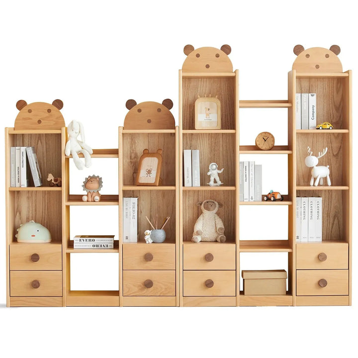 Scandinavian wood kids bookshelf bear in white background.