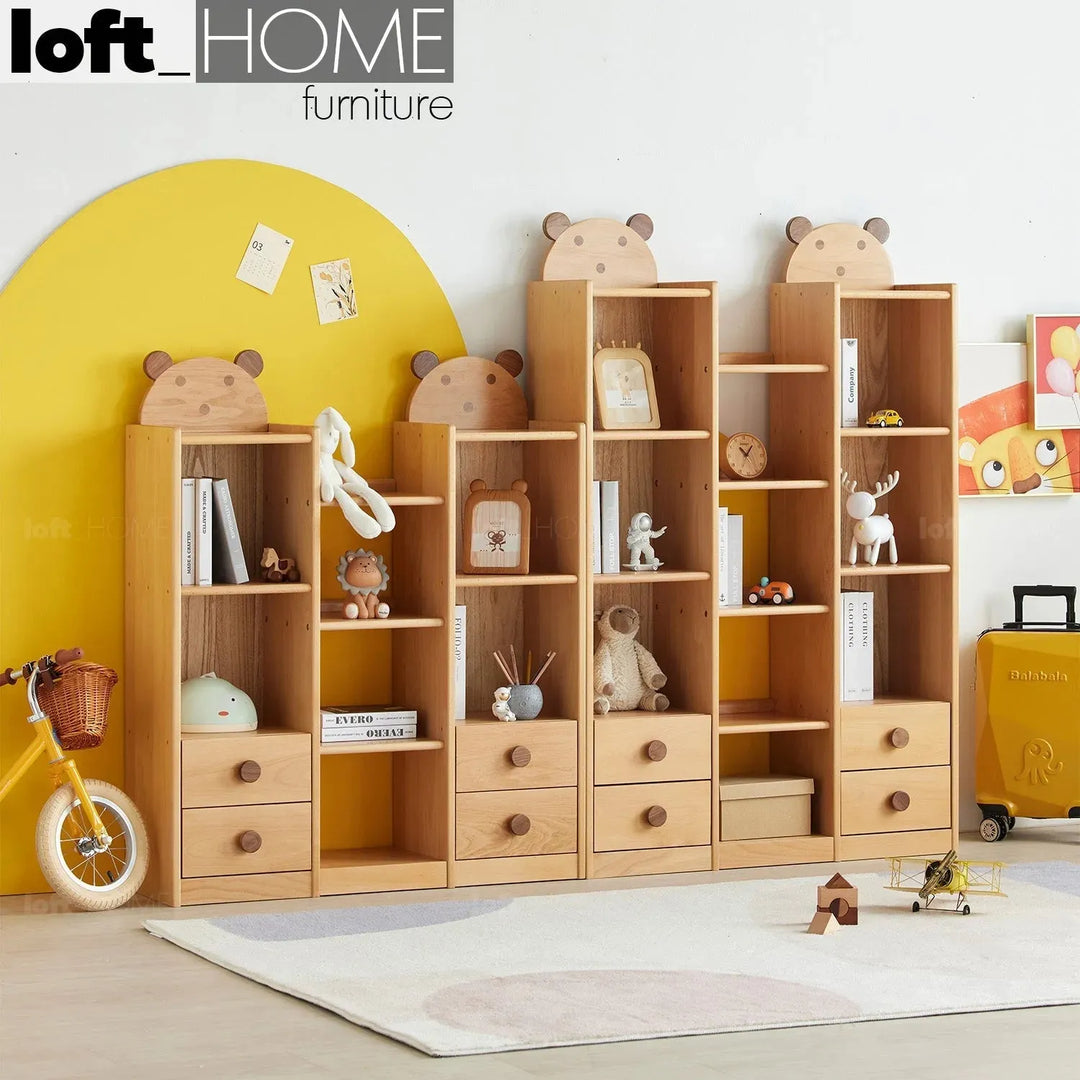 Scandinavian wood kids bookshelf bear primary product view.