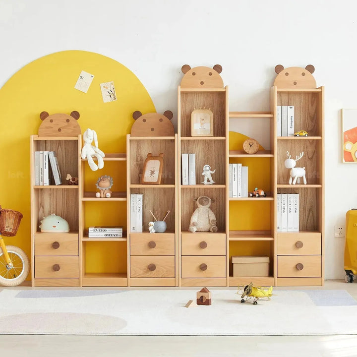 Scandinavian wood kids bookshelf bear color swatches.