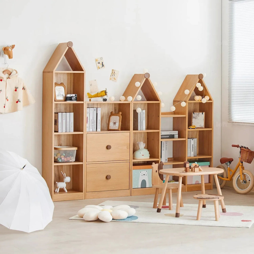 Scandinavian wood kids bookshelf house in still life.
